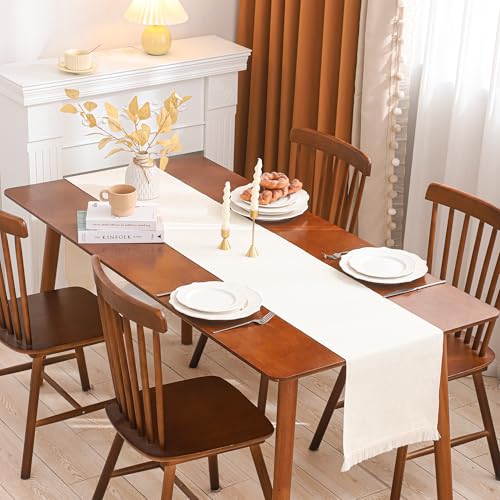 Beige Table Runner 12×120 Inches Long with Fringe Boho Fall Decor - color: Beige