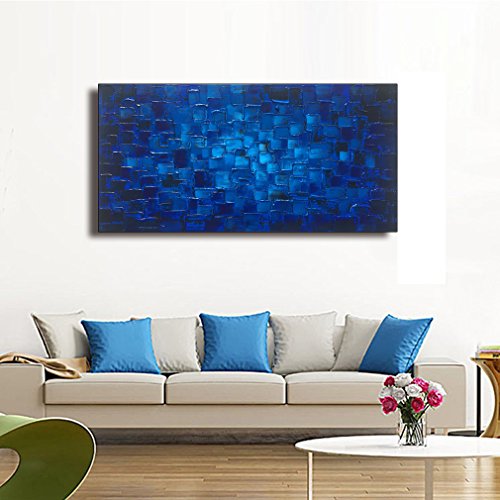 MyArton Large Abstract Dark Blue Square Wall Art Hand Painted Textured Oil Painting on Canvas Ready To Hang 60x30inch - color: Blue, size: 60"L x 30"W