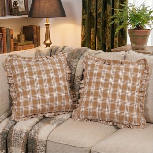 Brown Ruffle Tartan Plaid Gingham Vintage Fall Throw Pillow Covers 18x18 - color: Brown Ruffled Plaid Throw Pillow Covers, size: 18" x 18" (Pack of 2)