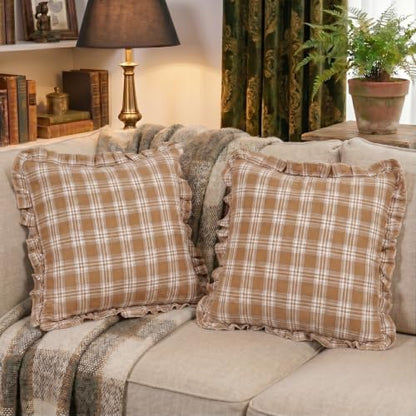 Brown Ruffle Tartan Plaid Gingham Fall Farmhouse Throw Pillow Covers 20x20 - color: Brown Ruffled Plaid Throw Pillow Covers, size: 20" x 20" (Pack of 2)