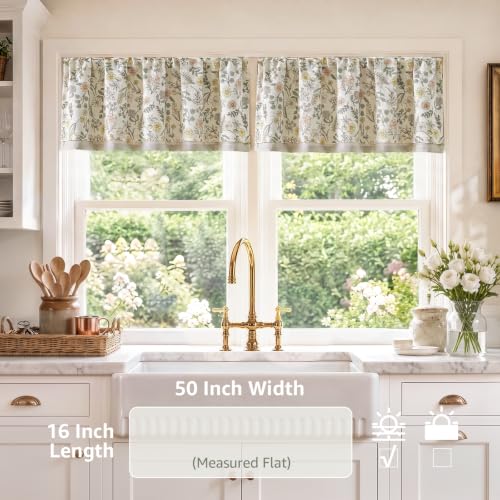 jinchan Maia Floral Linen Double Layer Valance 16 Inch 1 Panel White - color: Maia White on Linen, size: 50"W x 16"L (Pack of 1)