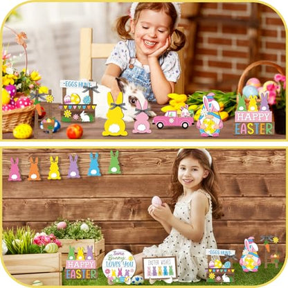 Marsui Easter Tiered Tray Decor Happy Easter Tiered Tray Ornament Rustic Farmhouse Spring Sign Bunny Truck Gnome Egg Wooden Sign for Home Table Decor(Floral Style) - style: Floral Style