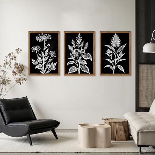 AVECCO 3 Pieces Black White Botanical Wall Art Canvas Framed 16x24 Inch - color: Dark, size: 24"L x 16"W