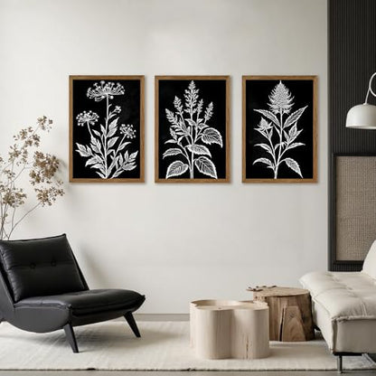 AVECCO 3 Pieces Black White Botanical Wall Art Canvas Framed 16x24 Inch - color: Dark, size: 24"L x 16"W