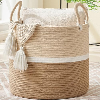 KAKAMAY Large Blanket Basket (18"x18"x16"),Woven Baby Laundry Hamper for Storage, Cotton Rope Blankets Baskets for Nursery, Laundry, Living Room, Pillows, Baby Toy chest with Handles (Light Brown) - color: Light Brown