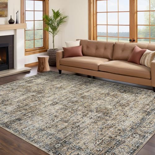GarveeHome Large Area Rug 9x12 Washable Vintage Floral Rug for Bedroom Low Pile Distressed Throw Rug Non Slip Soft Foldable Floor Cover for Living Room Home Nursery Office, Brown - color: Brown, size: 9' x 12' (Rectangular)