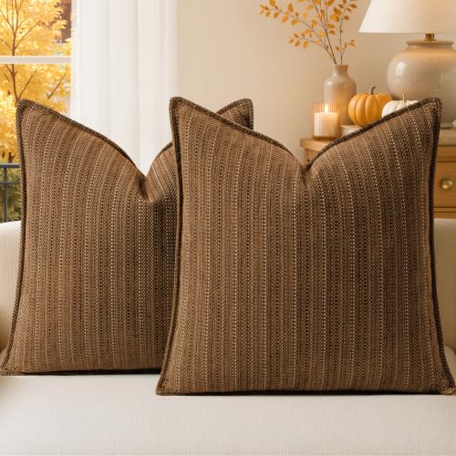 a moment Brown Designer Textured Throw Pillow Covers 20x20 Set of 2 Vertical Striped Chenille Cushion Covers Decorative Pillowcases for Couch Sofa Bed Living Room Boho Farmhouse Home Decor - color: Brown, size: 20" x 20" (Pack of 2)