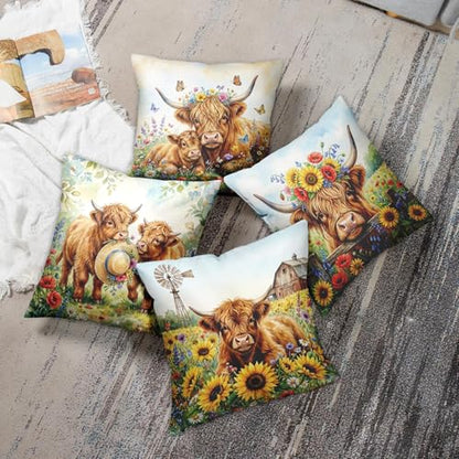 Throw Pillow Covers, Rustic Floral, Set of 4, 18"x18" - color: Highland Cow 3