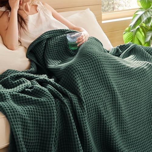 Bedsure Lightweight 100% Cotton Waffle Blanket, Twin XL, Dark Green - color: Dark Green, size: Twin Xl (66" X 90")