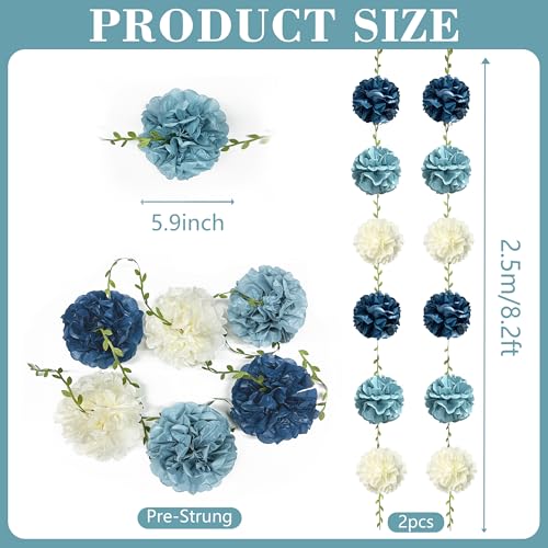 Dusty Blue Party Decorations Dusty Navy Blue Beige Tissue Paper Flowers Pom Pom with Leaf Ribbon Hanging Garland Streamer for Birthday Wedding Graduation Retirement Nautical Party Supplies - color: Dusty Blue Beige