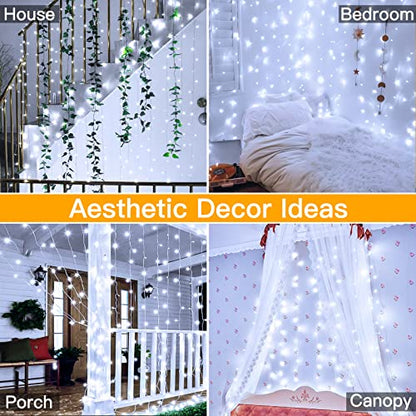 Ollny Curtain Lights 6.6x6.6ft, 200 LED White Christmas Lights with Remote - color: Cool White, size: 200 LED
