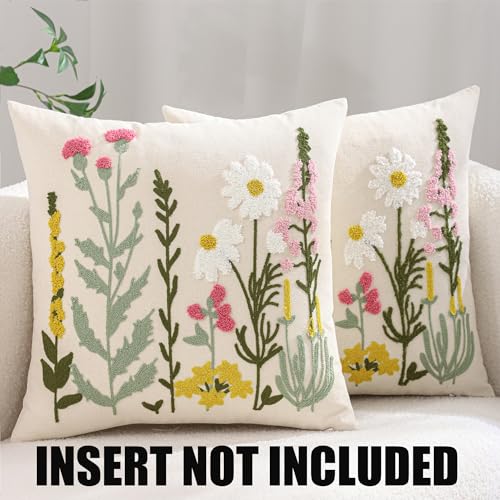 Embroidered Throw Pillow Covers 18x18 Pack of 2 Daisy Flowers - color: Floral Daisy