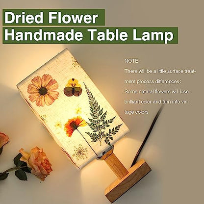 Dried Flowers Table Lamp 5W LED 3Color Temperatures Pressed Flower Bedside Lamp Square Linen Shade with Wood Base for Bedroom Living Room - color: Square-3-Color