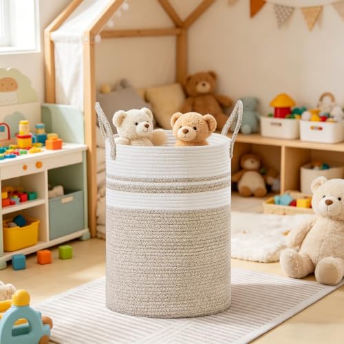 100L Extra Large Tall Cotton Rope Laundry Basket with Handle, White & Brown - color: Brown & White, size: 100L