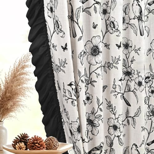 Yinhua Floral Linen Curtains for Living Room 84 Inch Length Farmhouse French Bedroom Curtains with Ruffle and Tieback, Light Filtering Window Curtain Rod Pocket Back Tab Drapes, 52"W x 84"L, 2 Panels - color: Black, size: 52"W x 84"L (Pack of 2)