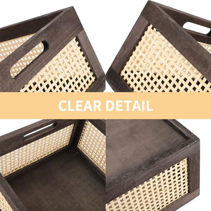 Rattan Wooden Storage Basket with Handle, Brown Set of 2 - color: Brown, size: Large & Small (Set of 2)