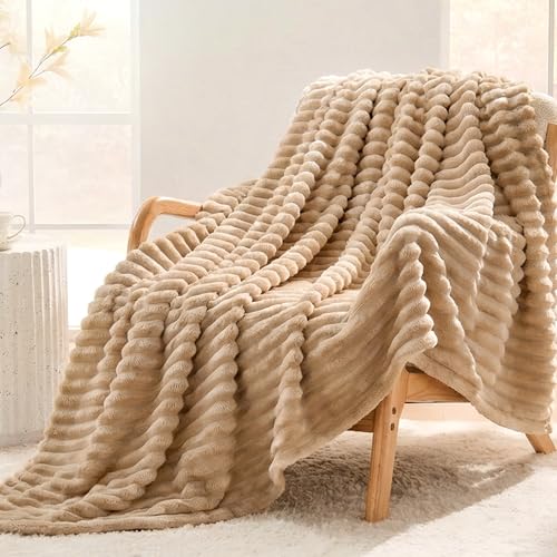 330GSM Ribbed Fleece Throw Blanket for Couch, Light Brown, 50"x60" - color: Light Brown, size: Throw(50"x60")