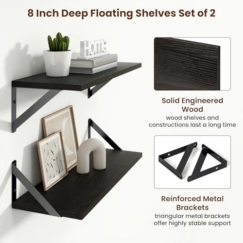 Axeman 20 Inch Floating Shelves, 8 Inch Deep Black Wall Shelves Set of 2 - color: Black, size: 20 Inch