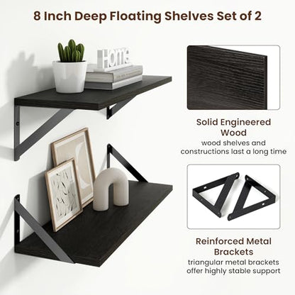 Axeman 20 Inch Floating Shelves, 8 Inch Deep Black Wall Shelves Set of 2 - color: Black, size: 20 Inch