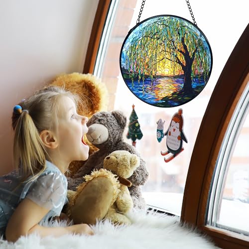 TNUW Willow Tree Stained Glass Window Hanging, Weeping Willow Sun Catchers Indoor Window Glass Round Wall Art Decor, Nature Tree Wall Hanging Decorations, 7.9＂x7.9＂