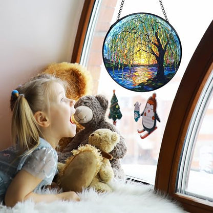 TNUW Willow Tree Stained Glass Window Hanging, Weeping Willow Sun Catchers Indoor Window Glass Round Wall Art Decor, Nature Tree Wall Hanging Decorations, 7.9＂x7.9＂
