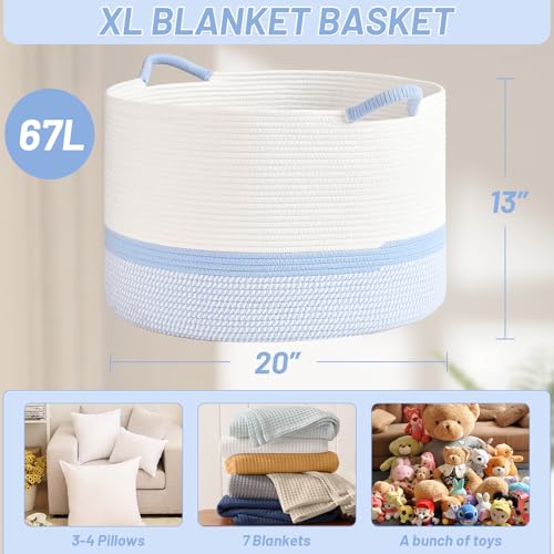 67L Large Blanket Basket, 20"x13" Blanket Basket Living Room, Woven Baskets With Handle, Toy Baskets for Blankets, Nursery, Dog, Pillow, Gift (White & Blue) - color: White & Blue, size: 67L