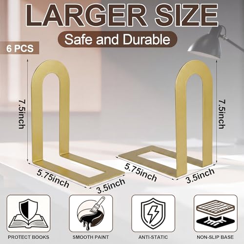 Chunful 6 Pcs Gold Metal BookEnds Shelves, 7.5 x 5.75 x 3.5 in - color: Gold, size: 7.5*5.75*3.5inch