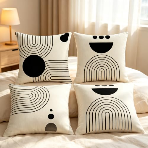 IcosaMro Boho Pillow Covers 18x18 Set of 4 Mid Century Black and White - color: Geometric Curve