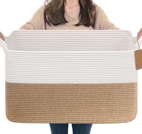 Goodpick 75L Extra Large Woven Rope Blanket Basket, Rectangle, Jute - color: Jute, size: 22"L x 17"W x 12"H