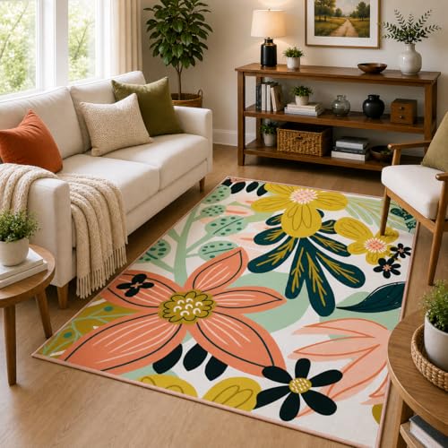 Tyrot Boho Floral 3x5 Washable Area Rug Flat Woven Ultra-Thin Low Pile Rug Non Slip Indoor Tropical Botanical Rug for Living Room, Bedroom, Entryway, Nursery, Dorm, Pink Green - color: Rose Garden, size: 3' x 5' (Rectangular)