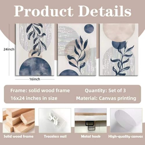 HCJWCXD 3Pcs Boho Wall Art Navy Blue Botanical Framed Canvas Prints 16x24In - color: Navy Blue, size: 16x24 Inches
