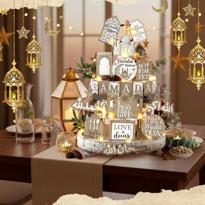 Shellwei 20 Pcs Eid Mubarak Tiered Tray Decor Ramadan Mubarak Table Decor Rustic Wooden Tabletop Signs for Home Black and Gold Muslim Islam Centerpiece for Islamic Gifts Kareem Home Table - style: Ramadan
