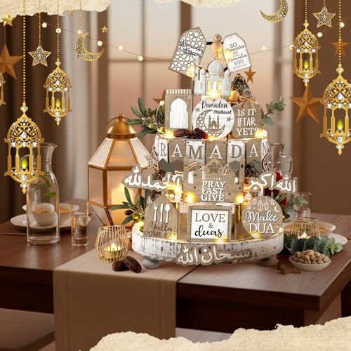 Shellwei 20 Pcs Eid Mubarak Tiered Tray Decor Ramadan Mubarak Table Decor Rustic Wooden Tabletop Signs for Home Black and Gold Muslim Islam Centerpiece for Islamic Gifts Kareem Home Table - style: Ramadan