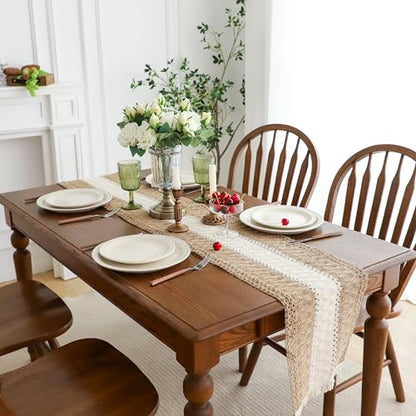 Simple&Opulence Boho Macrame Table Runner - 12 x 72 Inch, Splicing Burlap Farmhouse Cotton Table Runner with Fringed Edges for Bohemian Rustic Wedding, Bridal Shower, Dinner （Brown & White） - size: 12"x72", style: White