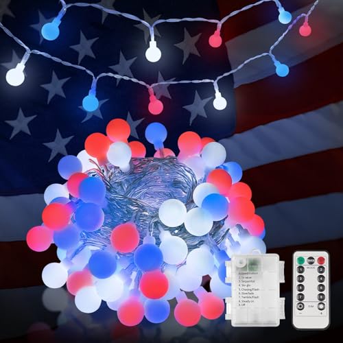 suddus 100LED Globe String Lights Battery Operated Red White and Blue Light | 33 FT Globe Lights with Timer 8 Mode, Fairy Lights for Flag, Backyard, Patio,Bedroom, Living Room Decoration - color: Red White and Blue, size: 100LED Battery