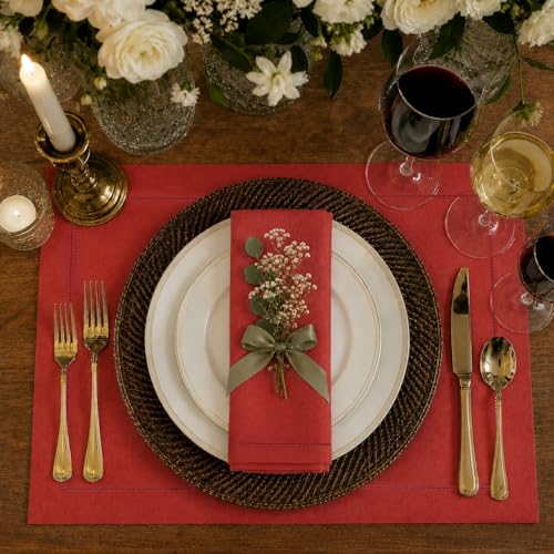 Signature Linen™ by D'Moksha, Bright Red Placemats Set of 4, 14 x 19 Inch, 100% Pure Linen Table Mats, Hemstitch, Machine Washable Cloth Placemats- Fall, Weddings, Outdoor Hosting - color: Bright Red, size: Set of 4 (14 X 19 Inch)