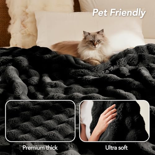 L'AGRATY Faux Rabbit Fur Throw Blanket for Couch, 60'' x 80'', Black - color: Pure Black, size: 60" x 80"