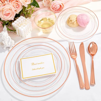 bUCLA 150PCS Clear Rose Gold Disposable Dinnerware set - Rose Gold Plastic Plates Include 25 Dinner / 25 Dessert Plates, 25 Knives, 25 Forks, 25 Spoons, 25 Cups for Party & Wedding - color: Clear Rose Gold