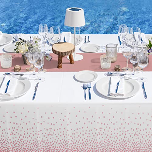12 Pack Disposable Plastic Tablecloths and Satin Table Runner Set White and Rose Gold Dot Tablecloth Rose Gold Satin Table Runner for Wedding Birthday Baby Shower Anniversary Christmas New Year Party - color: White and Rose Gold, size: 12 Pack