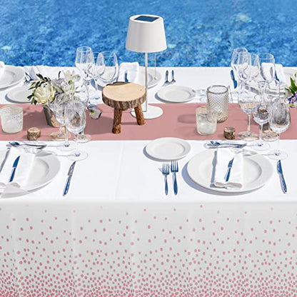 12 Pack Disposable Plastic Tablecloths and Satin Table Runner Set White and Rose Gold Dot Tablecloth Rose Gold Satin Table Runner for Wedding Birthday Baby Shower Anniversary Christmas New Year Party - color: White and Rose Gold, size: 12 Pack