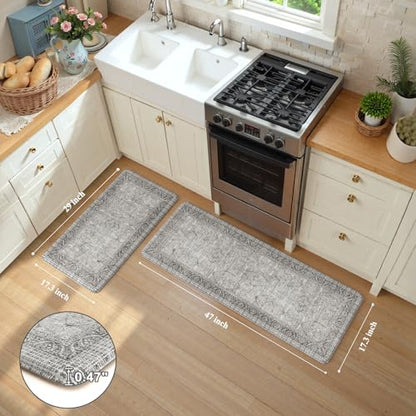 KIMODE Anti Fatigue Kitchen Mat 2PCS,Waterproof Farmhouse Kitchen Rugs Grey - color: Grey, size: 47"L x 17.3"W x 0.47"Th + 29"L x 17.3"W x 0.47"Th
