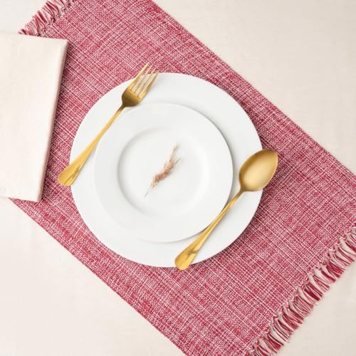 Cotton Placemats Set of 6-13x19 Inch, Woven Chambray Place Mats, Durable & Elegant for Dining Table, Wedding, Restaurant, Machine Washable, Oeko-TEX Certified -Winery/Red - color: Winery Red - Chambrey