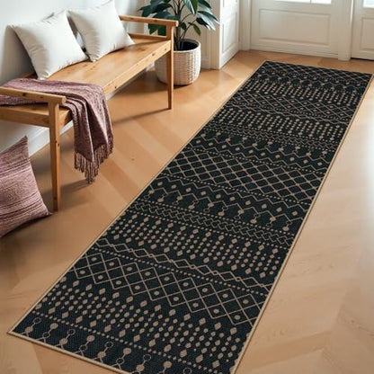 Lahome Moroccan Easy Jute Washable Runner Rug, 2x8 Black Kitchen Runner - color: Black Geometric Tribal, size: 2'6" x 8' (Runner)