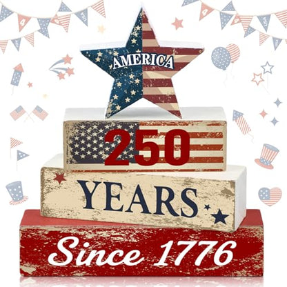Amyhill 250th Anniversary Decorations Patriotic Wood Block Signs Table Centerpiece 1776-2026 Stars Stripes Tiered Tray Decor for 4th of July Independence Day Home Kitchen Office - style: American Star