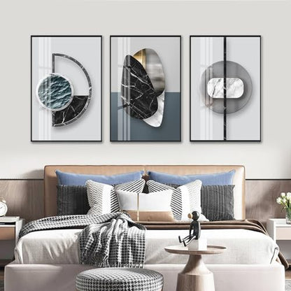 QKF 3Pcs Abstract Marble Geometric Crystal Surface Framed Canvas Wall Art - color: Black Ash, size: 16" X 24" X 3 pieces