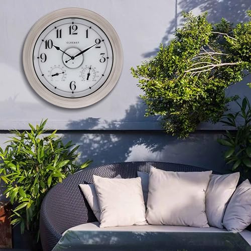 CLXEAST 18" Illuminated Outdoor Clocks for Patio Waterproof - color: Weathered Whitewash