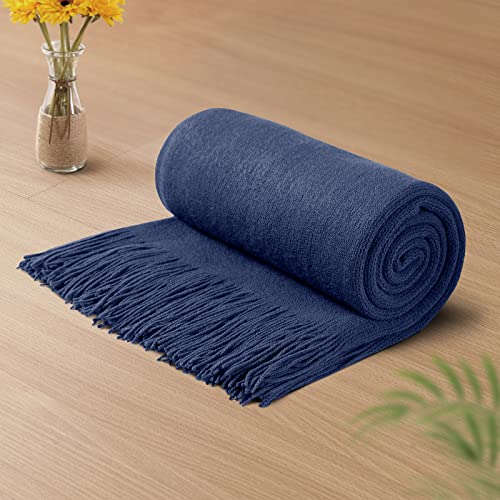 Vonty Royal Blue Knitted Throw Blanket with Tassels Fringe, 50x60 Acrylic - color: Royal Blue, size: 50" x 60"