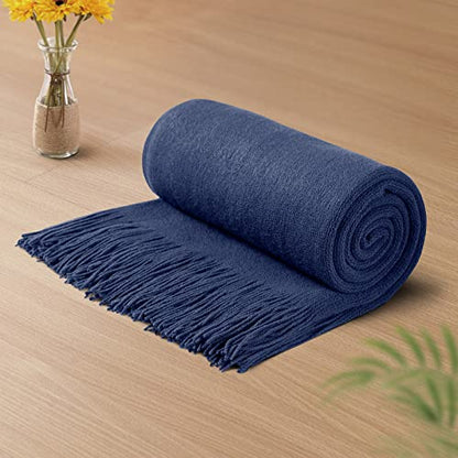 Vonty Royal Blue Knitted Throw Blanket with Tassels Fringe, 50x60 Acrylic - color: Royal Blue, size: 50" x 60"