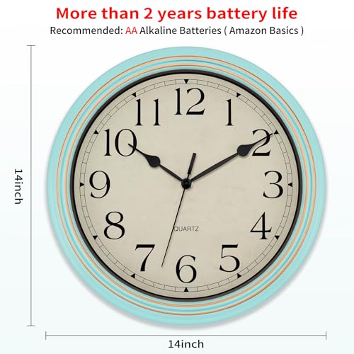 Foxtop Retro Wall Clock Silent Battery Operated Clock, 14" Light Turquoise - color: Light Turquoise, size: 14 Inch