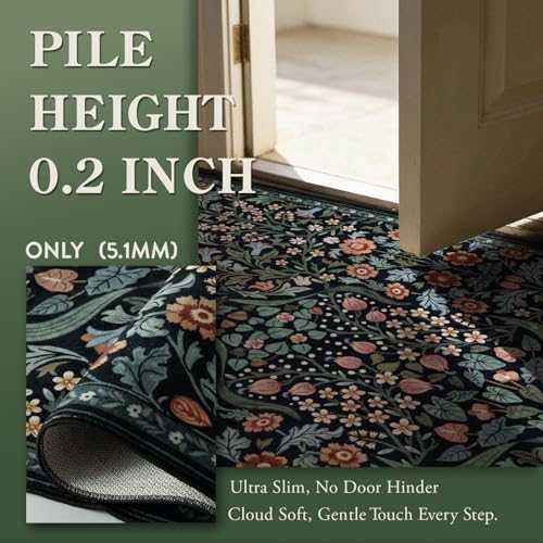 Lahome Dark Floral 2x6 Runner Rug, Washable Botanical Kitchen Runner Rug - color: Black, size: 2' x 6'